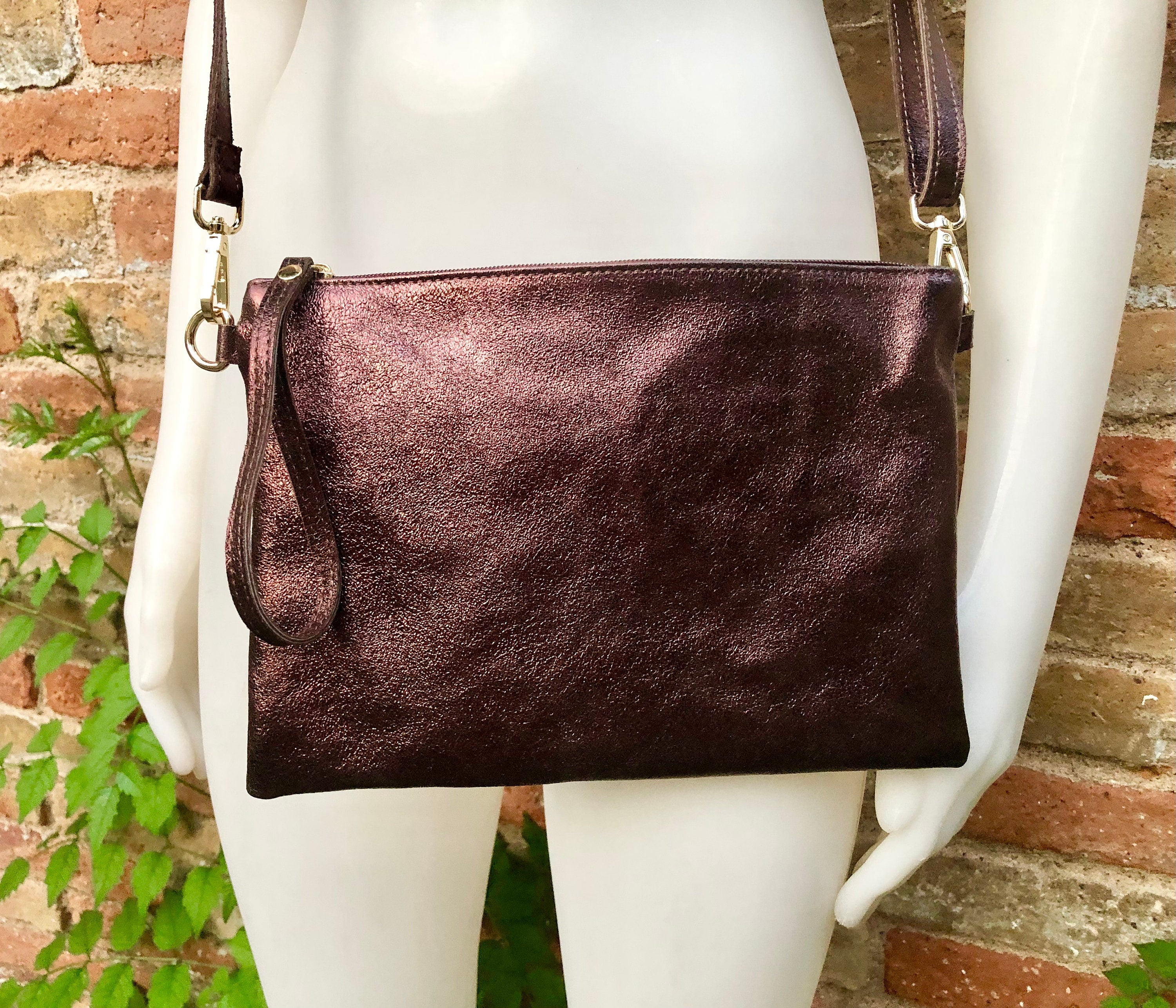 Small leather bag in metallic purple - brown .Cross body bag, GENUINE leather shoulder bag or wristlet. Brown purse with adjustable strap.