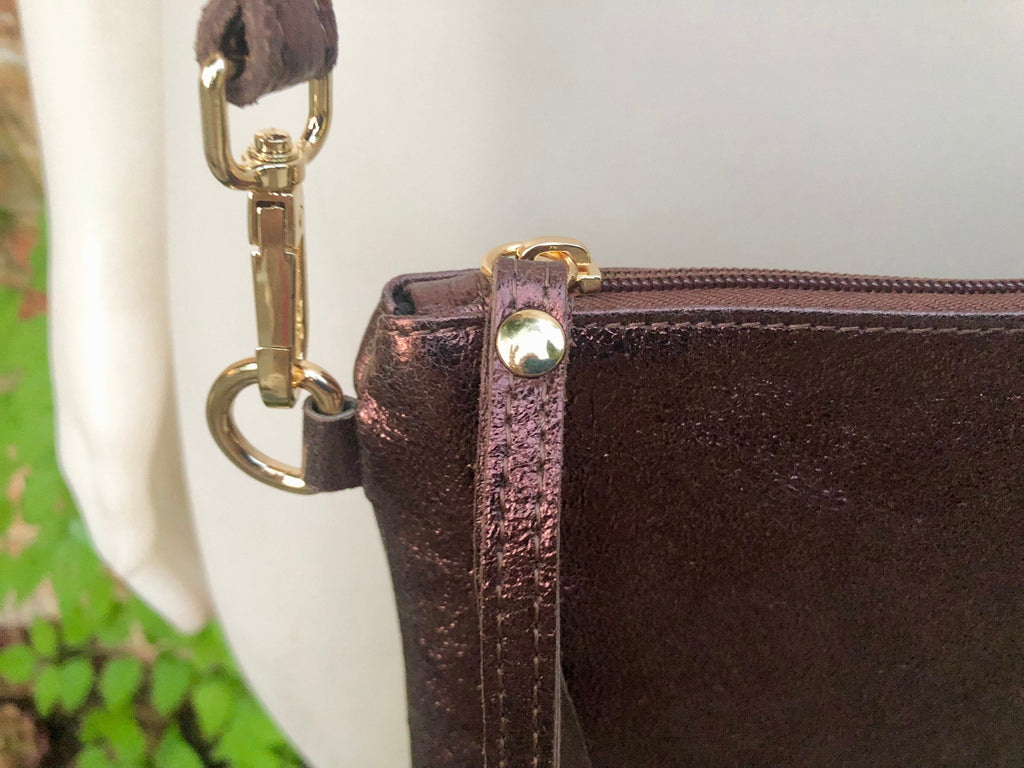 Small leather bag in metallic purple - brown .Cross body bag, GENUINE leather shoulder bag or wristlet. Brown purse with adjustable strap.