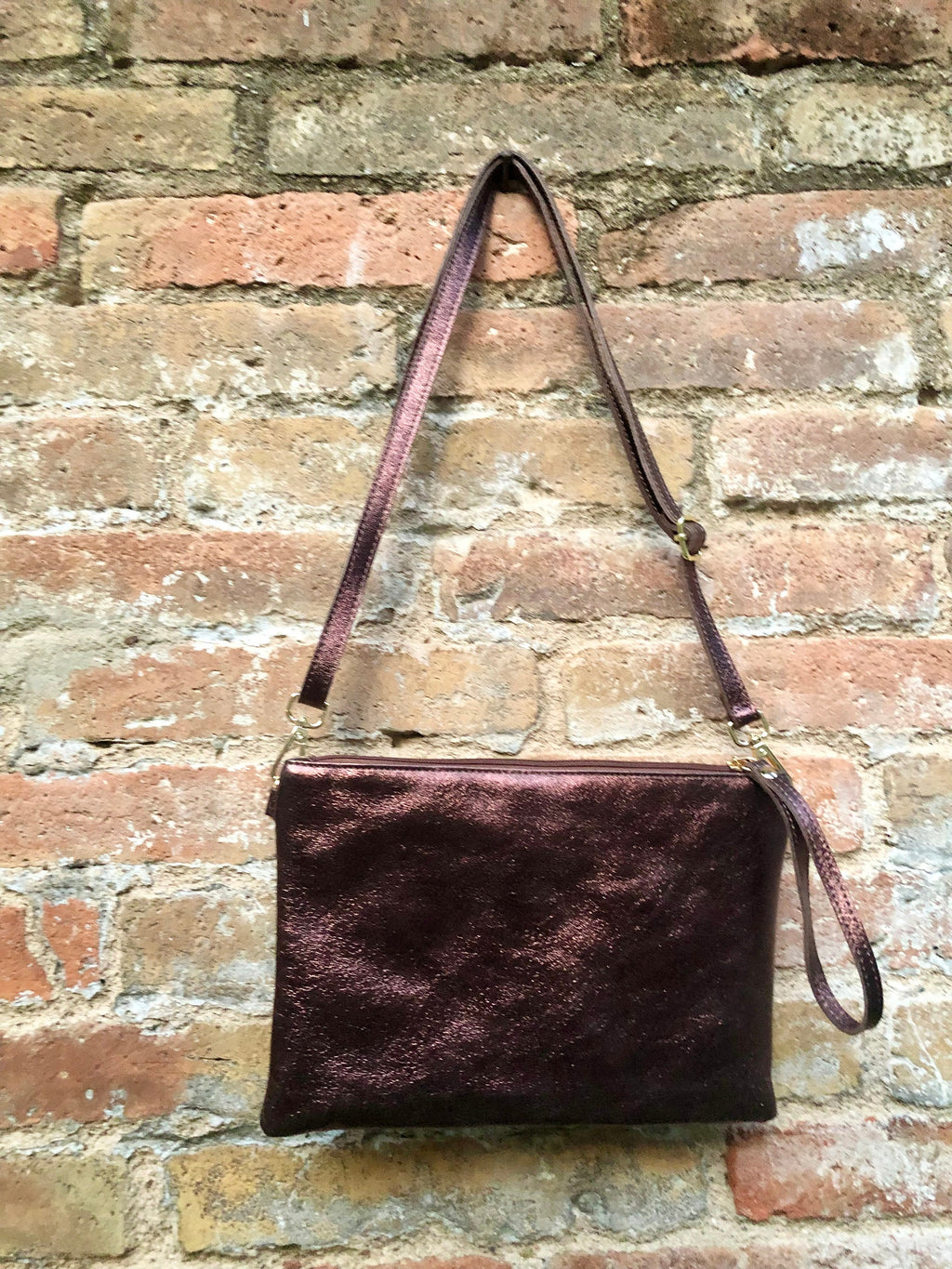 Small leather bag in metallic purple - brown .Cross body bag, GENUINE leather shoulder bag or wristlet. Brown purse with adjustable strap.