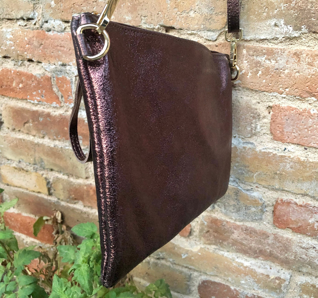 Small leather bag in metallic purple - brown .Cross body bag, GENUINE leather shoulder bag or wristlet. Brown purse with adjustable strap.