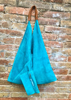 Slouch leather bag in TURQUOISE BLUE. Large shoulder leather bag. Boho bag. Laptop bags in suede. Large suede leather bag. BLUE suede bag.