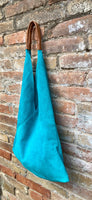 Slouch leather bag in TURQUOISE BLUE. Large shoulder leather bag. Boho bag. Laptop bags in suede. Large suede leather bag. BLUE suede bag.