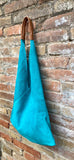 Slouch leather bag in TURQUOISE BLUE. Large shoulder leather bag. Boho bag. Laptop bags in suede. Large suede leather bag. BLUE suede bag.