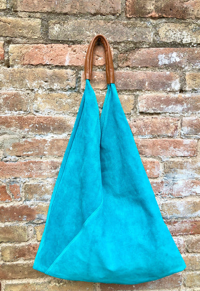 Slouch leather bag in TURQUOISE BLUE. Large shoulder leather bag. Boho bag. Laptop bags in suede. Large suede leather bag. BLUE suede bag.