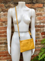 Small leather bag in MUSTARD YELLOW .Cross body bag, shoulder bag or wristlet in GENUINE leather. Yellow bag with adjustable strap