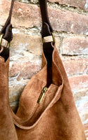 Slouch leather bag in rusty brown. Saddle brown hobo bag. Boho bag.Book or tablet bags in suede. Camell brown soft leather shopper w/zipper