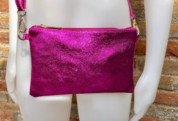 Small genuine leather bag in METALLIC hot pink. Cross body bag, shoulder bag or wristlet. Small glitter leather purse in magenta, fuchsia.