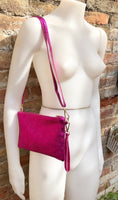 Small genuine leather bag in METALLIC hot pink. Cross body bag, shoulder bag or wristlet. Small glitter leather purse in magenta, fuchsia.