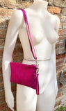 Small genuine leather bag in METALLIC hot pink. Cross body bag, shoulder bag or wristlet. Small glitter leather purse in magenta, fuchsia.