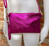 Small genuine leather bag in METALLIC hot pink. Cross body bag, shoulder bag or wristlet. Small glitter leather purse in magenta, fuchsia.