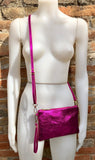 Small genuine leather bag in METALLIC hot pink. Cross body bag, shoulder bag or wristlet. Small glitter leather purse in magenta, fuchsia.