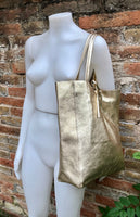 Tote leather bag in GOLD. Leather shopper in natural GENUINE leather. Large carry all bag for your laptop, books.GOLD leather purse + zipper