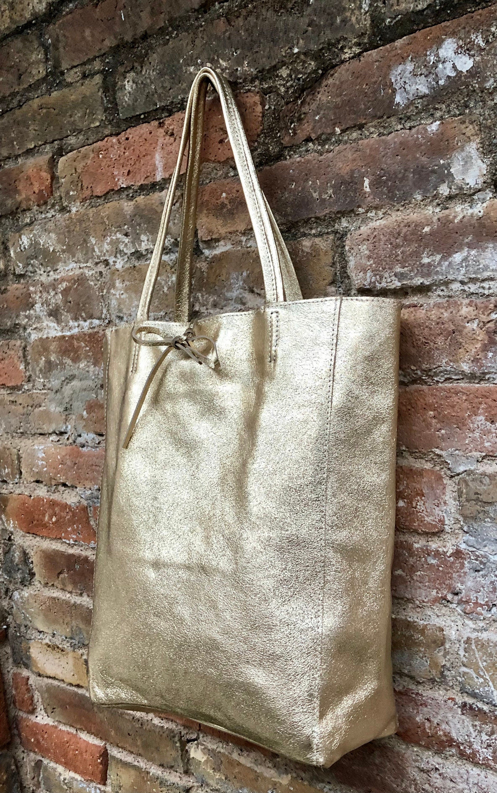 Tote leather bag in GOLD. Leather shopper in natural GENUINE leather. Large carry all bag for your laptop, books.GOLD leather purse + zipper