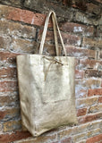 Tote leather bag in GOLD. Leather shopper in natural GENUINE leather. Large carry all bag for your laptop, books.GOLD leather purse + zipper
