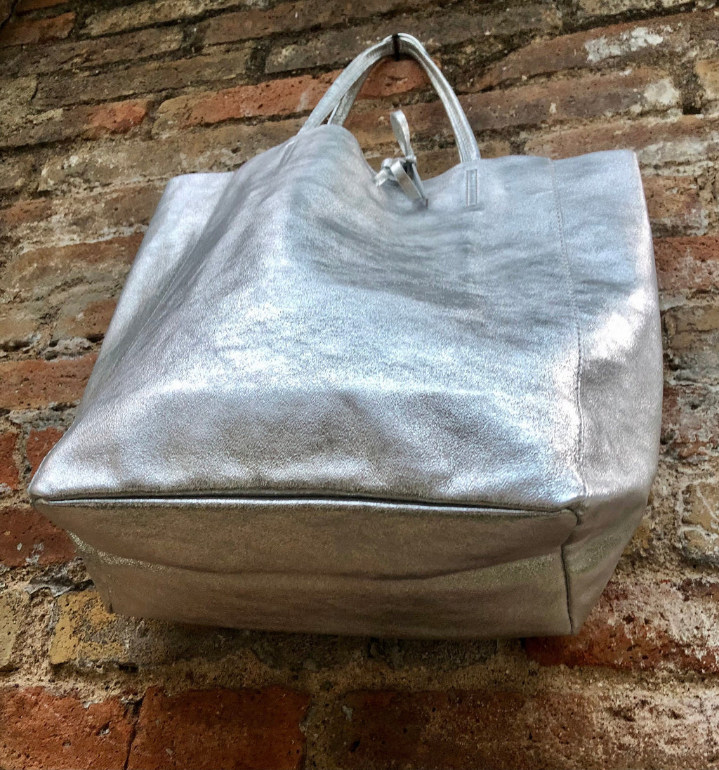 Tote leather bag in SILVER. GENUINE leather shopper. Large carry all bag for your laptop, books. Metallic leather purse.