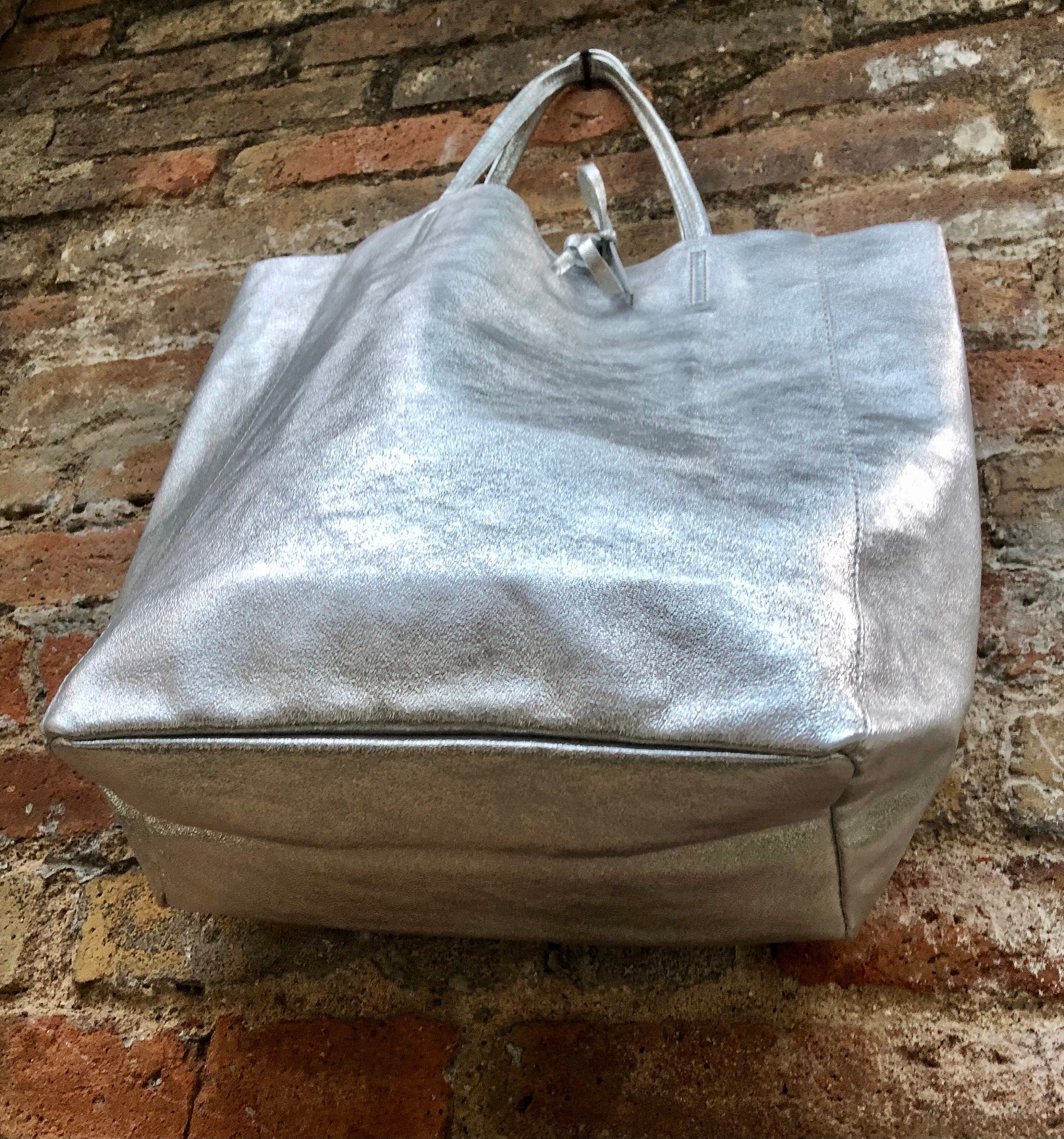 Tote leather bag in SILVER. GENUINE leather shopper. Large carry all bag for your laptop, books. Metallic leather purse.