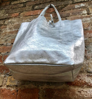 Tote leather bag in SILVER. GENUINE leather shopper with ZIPPER. Large carry all bag for your laptop, books. Metallic leather shopper