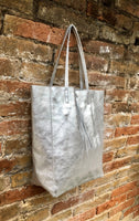 Tote leather bag in SILVER. GENUINE leather shopper with ZIPPER. Large carry all bag for your laptop, books. Metallic leather shopper