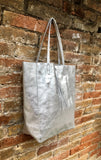 Tote leather bag in SILVER. Leather shopper in natural GENUINE leather. Large carry all bag for your laptop, books. Metallic leather shopper