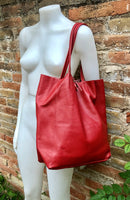 Large tote leather bag in m terracotta RED. Soft genuine leather shopper. Laptop or tablet carryall shoulder bag. Red leather purse