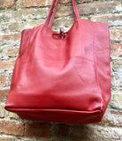 Large tote leather bag in m terracotta RED. Soft genuine leather shopper. Laptop or tablet carryall shoulder bag. Red leather purse