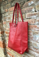 Large tote leather bag in m terracotta RED. Soft genuine leather shopper. Laptop or tablet carryall shoulder bag. Red leather purse