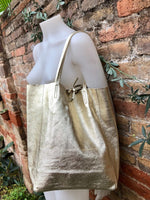 Tote leather bag in GOLD. Leather shopper in GENUINE leather with ZIPPER. Carry all bag for your laptop, books. Metallic leather shopper.