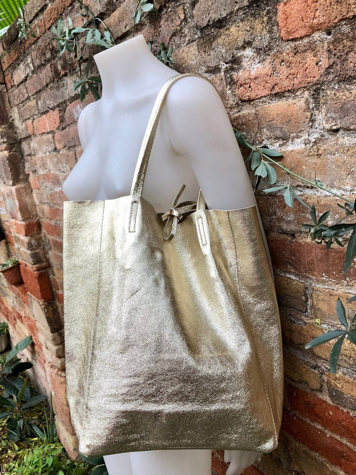 Tote leather bag in GOLD. Leather shopper in natural GENUINE leather. Large carry all bag for your laptop, books. Metallic leather shopper.