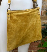 Mustard yellow suede messenger bag with adjustable strap. Soft genuine leather crossbody / shoulder bag for books, tablets. Yellow purse