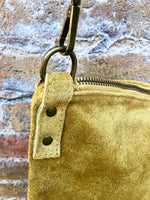 Mustard yellow suede messenger bag with adjustable strap. Soft genuine leather crossbody / shoulder bag for books, tablets. Yellow purse