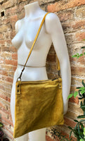 Mustard yellow suede messenger bag with adjustable strap. Soft genuine leather crossbody / shoulder bag for books, tablets. Yellow purse