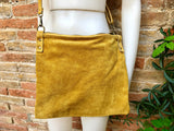 Mustard yellow suede messenger bag with adjustable strap. Soft genuine leather crossbody / shoulder bag for books, tablets. Yellow purse