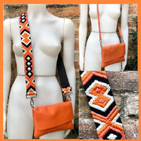 Orange leather bag. 2 straps: 1 leather + 1 guitar strap. GENUINE leather Crossbody / shoulder bag. Small orange purse with flap and zipper