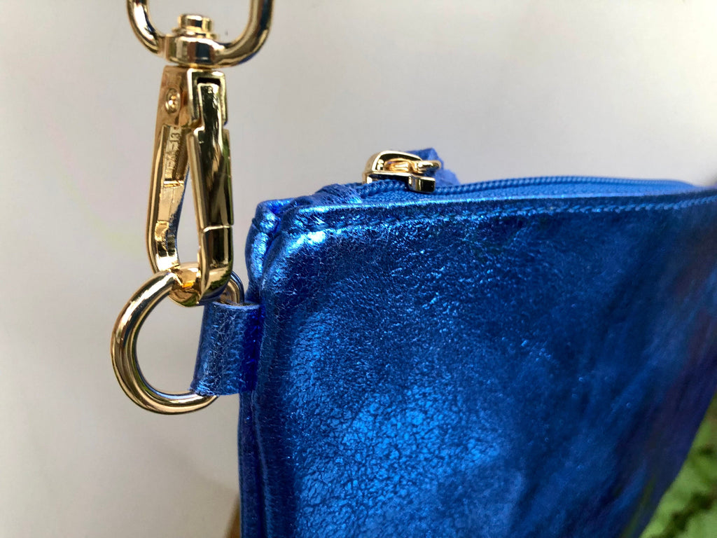 Small genuine leather bag in METALLIC blue. Cross body bag, shoulder bag or wristlet. Small glitter leather purse in glitter cobalt blue
