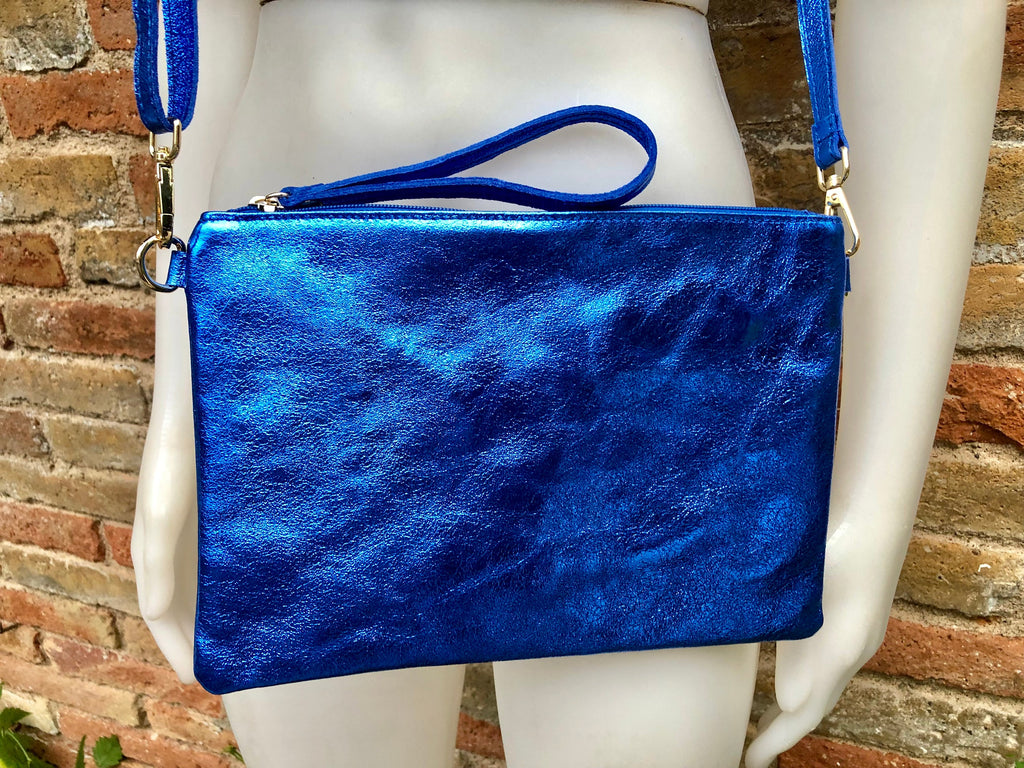 Small genuine leather bag in METALLIC blue. Cross body bag, shoulder bag or wristlet. Small glitter leather purse in glitter cobalt blue