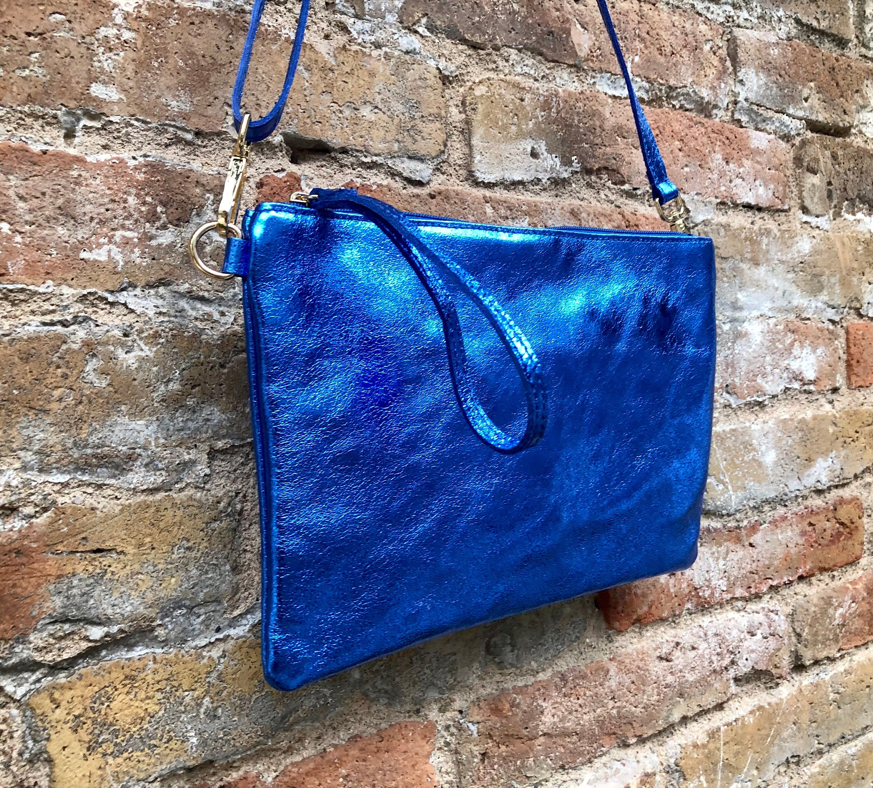 Small genuine leather bag in METALLIC blue. Cross body bag, shoulder bag or wristlet. Small glitter leather purse in glitter cobalt blue