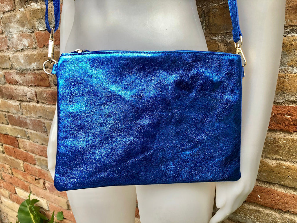 Small genuine leather bag in METALLIC blue. Cross body bag, shoulder bag or wristlet. Small glitter leather purse in glitter cobalt blue