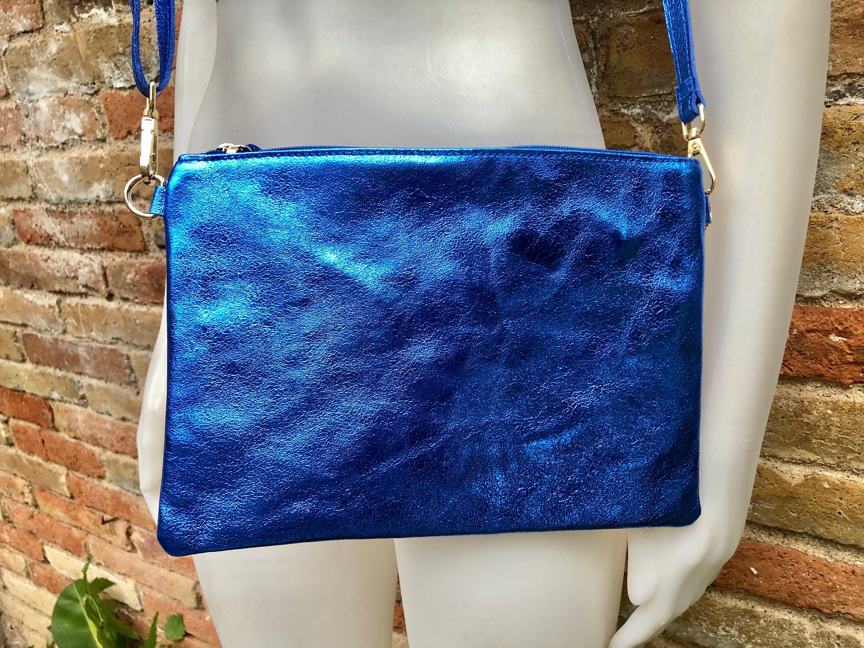 Small genuine leather bag in METALLIC blue. Cross body bag, shoulder bag or wristlet. Small glitter leather purse in glitter cobalt blue