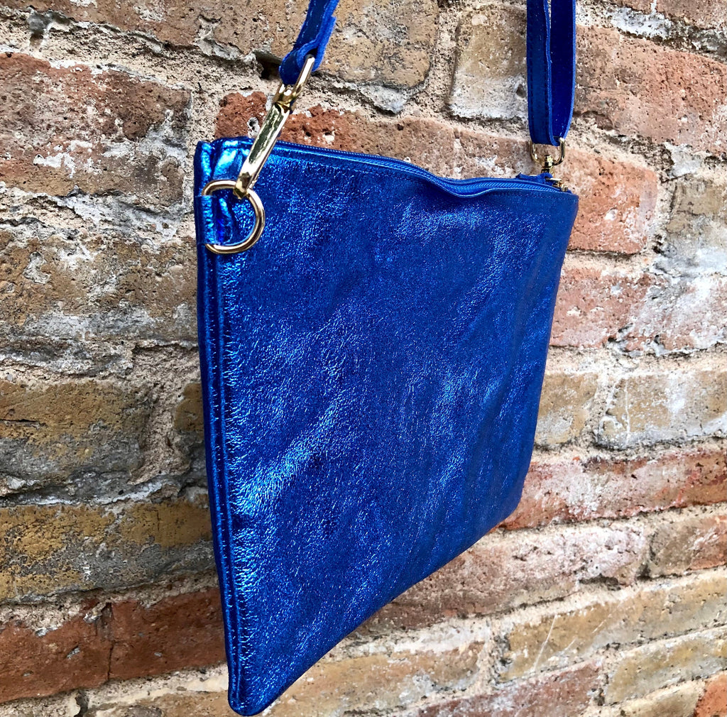 Small genuine leather bag in METALLIC blue. Cross body bag, shoulder bag or wristlet. Small glitter leather purse in glitter cobalt blue