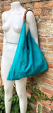 Slouch leather bag in TURQUOISE BLUE. Large shoulder leather bag. Boho bag. Laptop bags in suede. Large suede leather bag. BLUE suede bag.