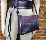 Purple purse + obi waist belt. Genuine leather bag and wrap belt set in metallic shine leather. Disco 70s purple retro bag and wide belt