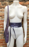 Purple purse + obi waist belt. Genuine leather bag and wrap belt set in metallic shine leather. Disco 70s purple retro bag and wide belt