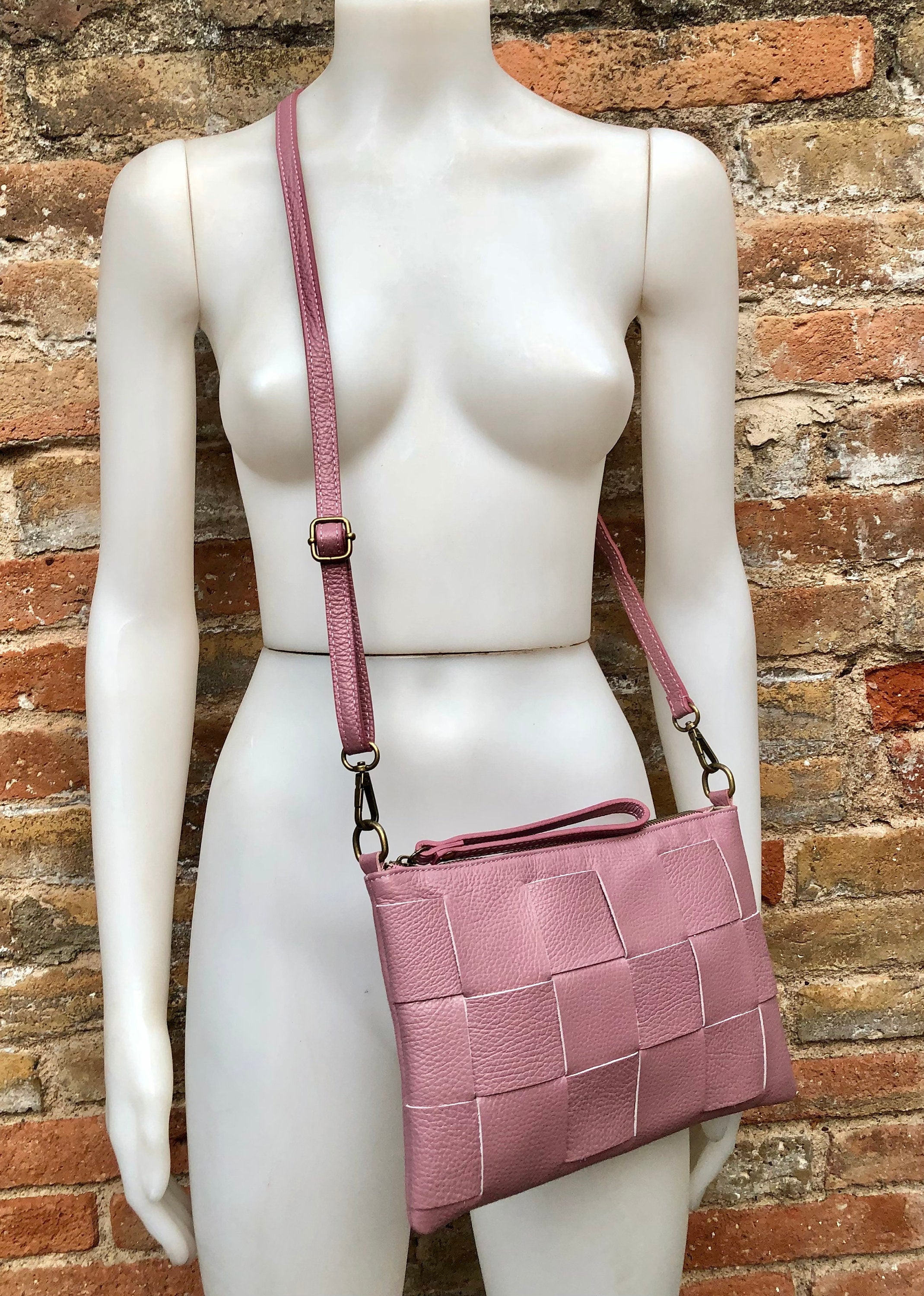 Small leather bag in PINK with embroidered strap. GENUINE leather cross body bag. Pink purse with zipper and wistlet. Pink guitar strap
