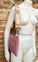 Small leather bag in PINK with extra guitar strap. GENUINE leather cross body bag. Pink purse with zipper and wistlet.