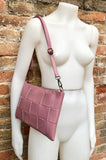 Small leather bag in PINK with extra guitar strap. GENUINE leather cross body bag. Pink purse with zipper and wistlet.