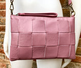 Small leather bag in PINK with extra guitar strap. GENUINE leather cross body bag. Pink purse with zipper and wistlet.