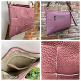 Small leather bag in PINK with extra guitar strap. GENUINE leather cross body bag. Pink purse with zipper and wistlet.