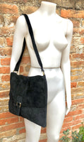 BOHO suede messenger leather bag in BLACK. Cross body bag in BLACK suede. Soft genuine leather messenger bag. School bags