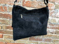 BOHO suede messenger leather bag in BLACK. Cross body bag in BLACK suede. Soft genuine leather messenger bag. School bags