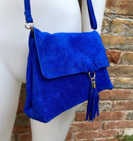 Cobalt blue boho suede leather crossbody bag . Genuine leather blue purse. Blue messenger retro bag with zipper, flap and adjustable strap